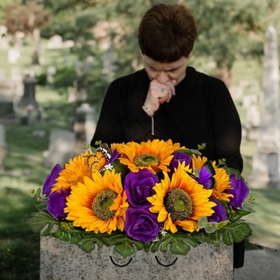Product: SUHOOKOO Cemetery Flowers for Grave Decor,Silk Sunflower Rose Headstone Flower Saddle, Bright and Colorfast,Purple/Yellow
