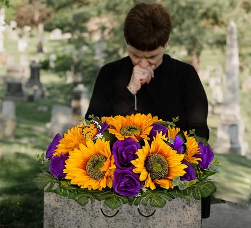 Product: SUHOOKOO Cemetery Flowers for Grave Decor,Silk Sunflower Rose Headstone Flower Saddle, Bright and Colorfast,Purple/Yellow