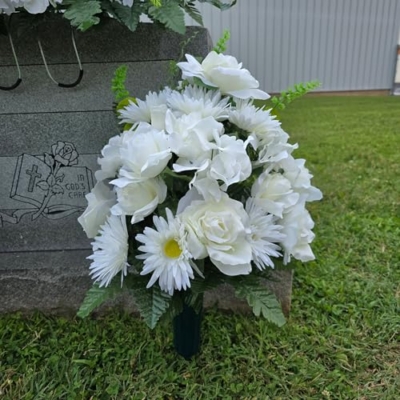 Product: Cream Roses Headstone Saddle, White Gerbera Daisies Hydrangeas Cemetary Cone for Perfect Cemetery Decoration Garland for Table Centerpiece Holiday Party Weddi
