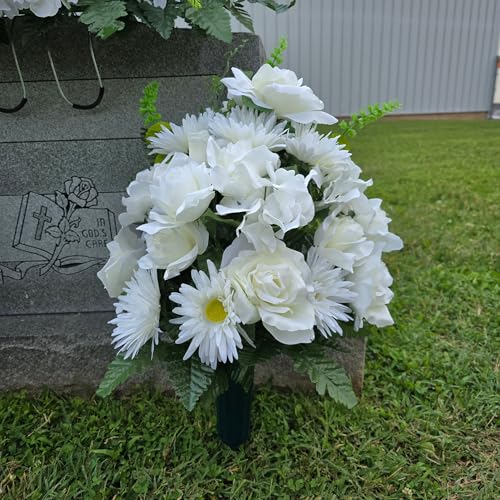 Product: Cream Roses Headstone Saddle, White Gerbera Daisies Hydrangeas Cemetary Cone for Perfect Cemetery Decoration Garland for Table Centerpiece Holiday Party Weddi