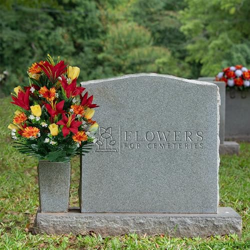 Product: Sympathy Silks Artificial Cemetery Flowers - Gravesite Flowers - Red Lilies with Sunrise Daisies and Yellow Roses - (1) Bouquet