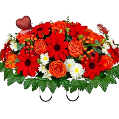 Product: Naramiji Artificial Cemetery Flowers for Grave Vase - Headstone Flower Saddle - Sympathy Flower of Vibrant Rose Sunflower Daisy Berry, Colorfast and Easy Fit