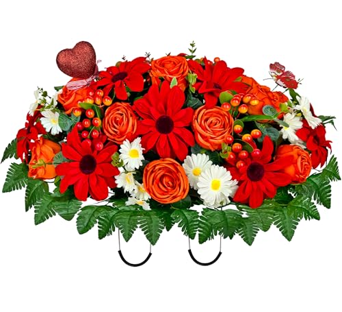 Product: Naramiji Artificial Cemetery Flowers for Grave Vase - Headstone Flower Saddle - Sympathy Flower of Vibrant Rose Sunflower Daisy Berry, Colorfast and Easy Fit
