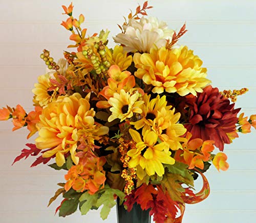 Silky Flower Store Fall Cemetery Grave Arrangement with Mums, Artificial Autumn Florals, Green Cemetery Cone, 19 inch 5 5 Product: Silk Florals & Frills 19 inch Fall Grave Arrangement, Cemetery Arrangement Fall, Fall Cemetery with Mums