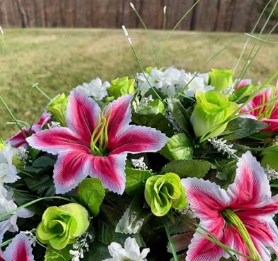 Product: Jucgghk Vivid and Realistic Floral Art Green and White Flowers Single Headstone Saddle,Beautiful Headstone Cemetery Saddle for Outdoor Grave Decorations