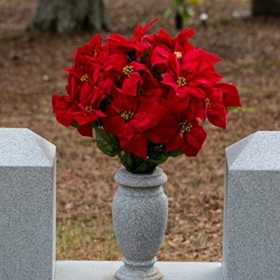 Product: Sympathy Silks Artificial Cemetery Flowers – Christmas Poinsettias, Outdoor Winter Grave Decorations - Red Poinsettia Bouquet