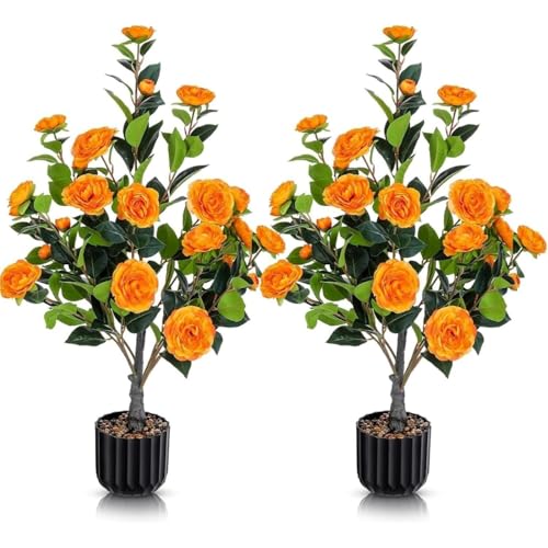 Product: Enhance Your Space with Lifelike Artificial Camellia Tree Set (2-Pack) – Vibrant Orange Blooms, Greenery in Pot for Indoor/Outdoor Decor, Modern Office & Home Accents