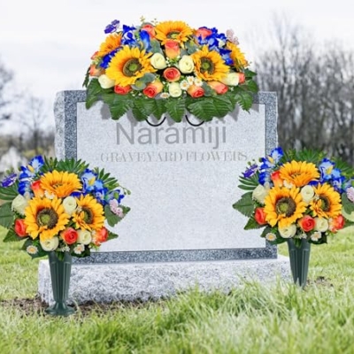 Product: Naramiji Artificial Cemetery Flowers for Grave Decoration: Sympathy & Memorial Bouquets with Headstone Saddle – Sunflower, Rose, Cattleya – Fade-Resistant