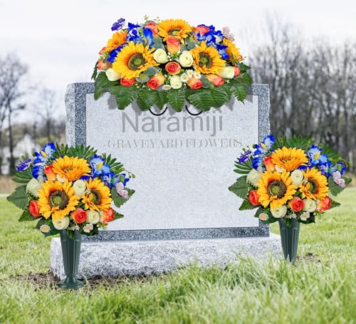 Product: Naramiji Artificial Cemetery Flowers for Grave Decoration: Sympathy & Memorial Bouquets with Headstone Saddle – Sunflower, Rose, Cattleya – Fade-Resistant