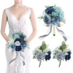 Product: Bride Bouquets and Bridesmaid Bouquets Set of 2 for Wedding Dusty Blue Artificial Roses Flowers Bouquets for Bride Bridesmaids Marriage Proposal Party Anniversary Church Decoration