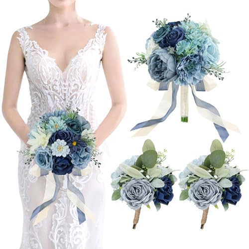 Bride Bouquets and Bridesmaid Bouquets Set of 2 for Wedding Dusty Blue Artificial Roses Flowers Bouquets for Bride Bridesmaids Marriage Proposal Party Anniversary Church Decoration - Artificial Flower Arrangements Product: Bride Bouquets and Bridesmaid Bouquets Set of 2 for Wedding Dusty Blue Artificial Roses Flowers Bouquets for Bride Bridesmaids Marriage Proposal Party Anniversary Church Decoration