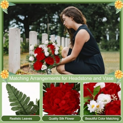 Silky Flower Store Artificial Cemetery Flowers for Grave Headstone Saddle, Red Memorial Floral Arrangement, 3 Piece Set 20.5cm 10 10 Product: Thiccywoov 3 Pcs Artificial Cemetery Flowers for Grave Funeral Headstone Saddle Mum Rose Bouquets with Vase Memorial Flowers for Outdoor Grave Tombstone Cemetery Decoration(Red)