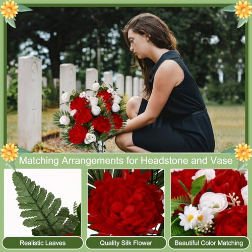 Silky Flower Store Artificial Cemetery Flowers for Grave Headstone Saddle, Red Memorial Floral Arrangement, 3 Piece Set 20.5cm 3 3 Product: Thiccywoov 3 Pcs Artificial Cemetery Flowers for Grave Funeral Headstone Saddle Mum Rose Bouquets with Vase Memorial Flowers for Outdoor Grave Tombstone Cemetery Decoration(Red)