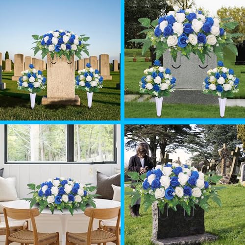 Silky Flower Store Artificial Cemetery Flower Saddle, Blue White Rose Bouquet, Faux Graveside Floral Arrangement, 27x19x9in, 19in, 12in 5 5 Product: Hibsotco Artificial Cemetery Flower Saddles, Cemetery Memorial Flowers with Vase for Grave Tombstone Decorations,Artificial Rose Bouquet Grave Memorial Flowers (Blue White)