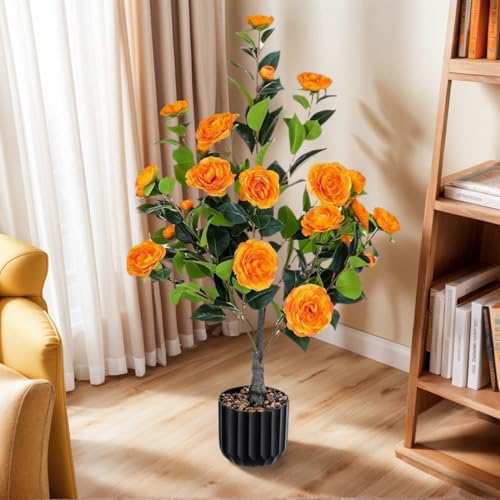 Product: Enhance Your Space with Lifelike Artificial Camellia Tree Set (2-Pack) – Vibrant Orange Blooms, Greenery in Pot for Indoor/Outdoor Decor, Modern Office & Home Accents