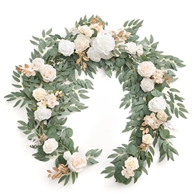 Product: Ling's Moment Flower Garland - 6FT Eucalyptus & Rose - Sweetheart Table Decor for Wedding Reception, Artificial Silk Floral Garland for Mantle, Spring, Garden Christmas Decoration, White Beige