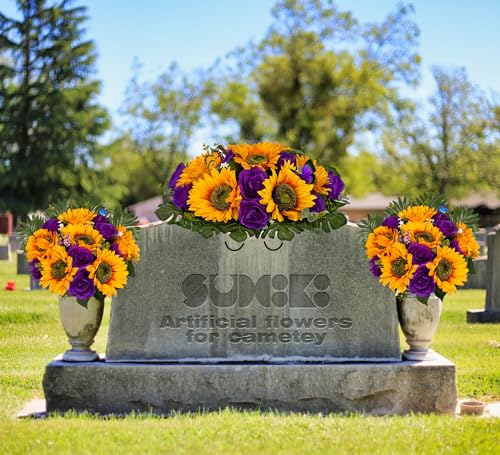 Product: SUHOOKOO Cemetery Flowers for Grave Decor,Silk Sunflower Rose Headstone Flower Saddle, Bright and Colorfast,Purple/Yellow