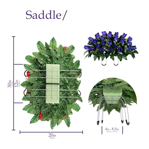 Product: Jucgghk Vivid and Realistic Floral Art Purple Rose Bud Cemetery Saddle and Flower Arrangement Set, 1 Saddle and 2 Bouquets for Grave Tombstone Decorations(NO VASE)