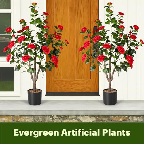 Silky Flower Store Artificial Camellia Tree, Faux Silk Camellia Plant with Planter, Indoor Decorative Faux Greenery, 4.3FT 1 1 Product: Camellia 2 Pack Artificial Fake Tree, 4.3FT Faux Silk Camellia Plant with Planter for Indoor and Outdoor Decoration, Tall Fake Tree for Home, Office, Patio, Balcony, Wedding Decoration