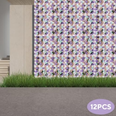 Product: JLYNOWPT 12 Pcs Artificial Flower Wall Panel, 15.7"x 23.6" Flower Wall Panel Backdrop with Grid Clip Connection Purple, Light Blue, White, Pink, Green 3D Silk Rose, Dahlia Floral Panel for Wedding