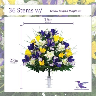 Product: Sympathy Silks Artificial Cemetery Flowers – Realistic Vibrant Tulips, Outdoor Grave Decorations - 1 Yellow Tulips Purple Iris Bouquet