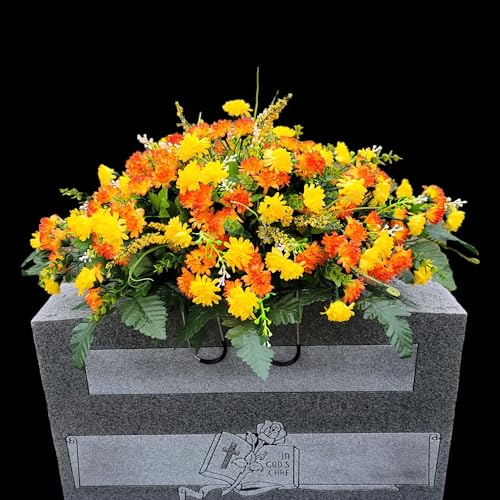 Product: Cemetery Saddle Memorial Decoration - Realistic Silk Faux Floral Artificial Grave Flowers - Orange Yellow Mini Mums for Headstone Decorating