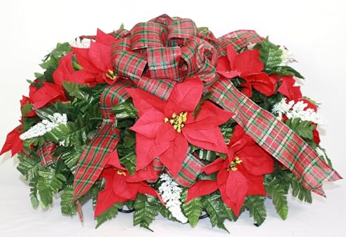 Product: Hshan Handcrafted Christmas Red Poinsettia's Cemetery Flower Arrangement, Elegant Silk Artificial Flowers for Cemetery Arrangement, Memorial Flowers Outdoor Memorial Decorations ﻿ Gravesite Flower