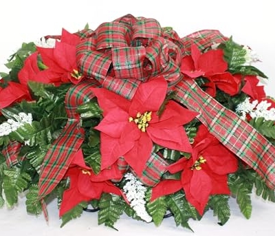 Product: Hshan Handcrafted Christmas Red Poinsettia's Cemetery Flower Arrangement, Elegant Silk Artificial Flowers for Cemetery Arrangement, Memorial Flowers Outdoor Memorial Decorations Gravesite Flower