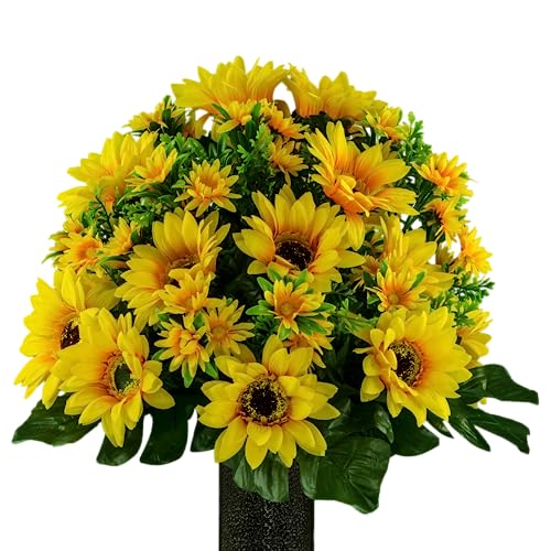 Silky Flower Store Artificial Cemetery Flowers, Yellow Sunflower Bouquet, Outdoor Grave Decoration, Weatherproof Memorial Florals, 20.5cm 7 7 Product: Sympathy Silks Artificial Cemetery Flowers - Realistic Vibrant Sunflowers Outdoor Grave Decoration - Yellow Sunflower Bouquet for Cemetery