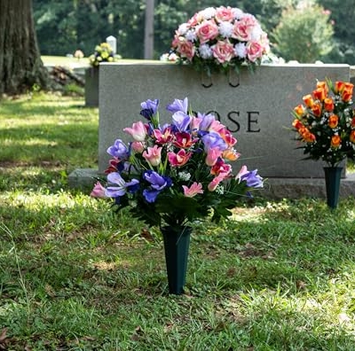 Product: Sympathy Silks Artificial Cemetery Flowers – Realistic Vibrant Tulips, Outdoor Grave Decorations - 1 Cream Pink Tulip Purple Iris Bouquet
