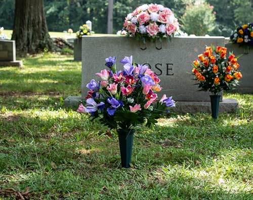 Product: Sympathy Silks Artificial Cemetery Flowers – Realistic Vibrant Tulips, Outdoor Grave Decorations - 1 Cream Pink Tulip Purple Iris Bouquet