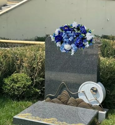 Product: Jucgghk Vivid and Realistic Floral Art 36" Blue and White with Bow Cemetery Saddle,Artificial Cemetery Flower Saddles for Graves,Outdoor Tombstone Headstone Decorations