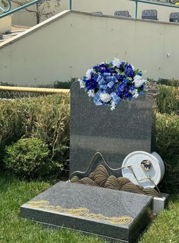 Product: Jucgghk Vivid and Realistic Floral Art 36" Blue and White with Bow Cemetery Saddle,Artificial Cemetery Flower Saddles for Graves,Outdoor Tombstone Headstone Decorations
