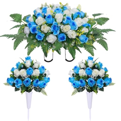 Product: Lodou 3 Pcs Artificial Cemetery Flower Saddles, Rose Headstone Flower Saddle,Cemetery Memorial Flowers with Vase for Outdoor Grave Tombstone Decorations ﻿ (Blue White)