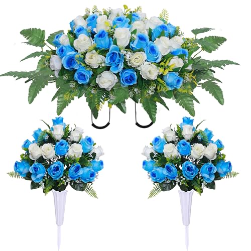 Product: Lodou 3 Pcs Artificial Cemetery Flower Saddles, Rose Headstone Flower Saddle,Cemetery Memorial Flowers with Vase for Outdoor Grave Tombstone Decorations ﻿ (Blue White)