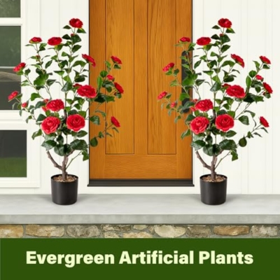 Silky Flower Store Artificial Camellia Fake Tree, 2PCS Indoor Outdoor Decorative Silk Floral Tree, 3.8FT 9 9 Product: Artificial Camellia Fake Tree 3.8FT, 2PCS Artificial Plants and Flowers for Front Door Decoration, Porch Patio Living Room Office and Indoor Outdoor Decoration