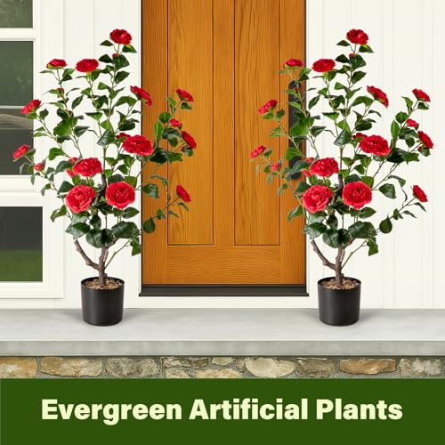 Silky Flower Store Artificial Camellia Fake Tree, 2PCS Indoor Outdoor Decorative Silk Floral Tree, 3.8FT 1 1 Product: Artificial Camellia Fake Tree 3.8FT, 2PCS Artificial Plants and Flowers for Front Door Decoration, Porch Patio Living Room Office and Indoor Outdoor Decoration
