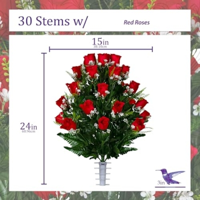 Product: Sympathy Silks Artificial Cemetery Flowers - Mothers Day Memorial Flowers - Outdoor Grave Flower Decorations - 30 Stems Ruby Red Roses
