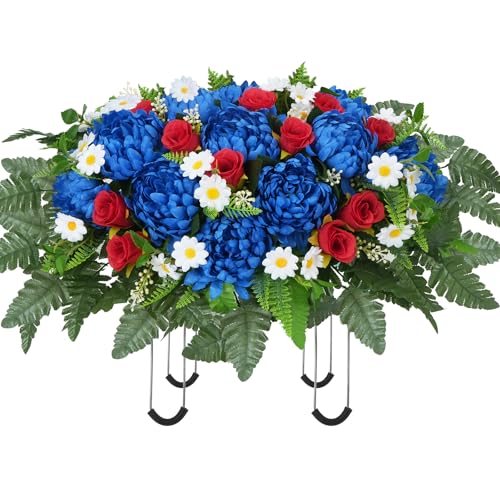 Product: MHMJON Artificial Cemetery Flowers Saddles Outdoor Grave Decoration, Realistic Vibrant Fake Mums with Silk Red Rose Floral Arrangement Saddle for Headstone Grave Tombstone Autumn Christmas Decor