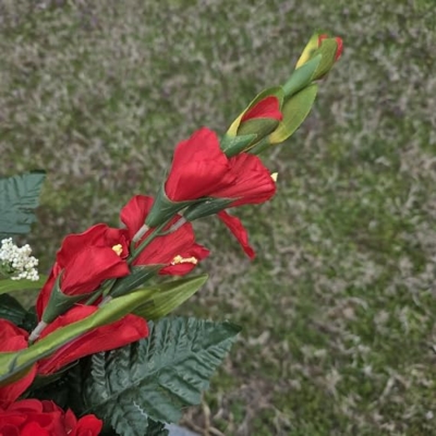 Product: Cream Sunflower Red Geranium Gladiolus Large Cemetery Saddle Memorial Decoration - Realistic Silk Faux Floral Artificial Grave Flowers for Headstone Decorating