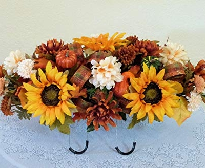 Silky Flower Store Fall Cemetery Saddle Artificial Grave Flowers, Sunflowers Pumpkins, UV Waterproof Silk Florals, 27 x 14 x 10 inches 13 13 Product: Silk Florals & Frills Fall Cemetery Saddle with Pumpkins and Sunflowers, Fall Grave Headstone Flowers