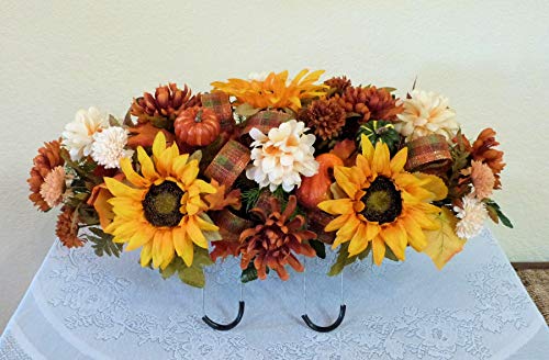 Silky Flower Store Fall Cemetery Saddle Artificial Grave Flowers, Sunflowers Pumpkins, UV Waterproof Silk Florals, 27 x 14 x 10 inches 5 5 Product: Silk Florals & Frills Fall Cemetery Saddle with Pumpkins and Sunflowers, Fall Grave Headstone Flowers