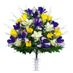 Product: Sympathy Silks Artificial Cemetery Flowers – Realistic Vibrant Tulips, Outdoor Grave Decorations - 1 Yellow Tulips Purple Iris Bouquet