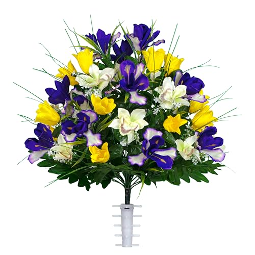Product: Sympathy Silks Artificial Cemetery Flowers – Realistic Vibrant Tulips, Outdoor Grave Decorations - 1 Yellow Tulips Purple Iris Bouquet