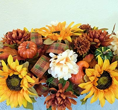 Silky Flower Store Fall Cemetery Saddle Artificial Grave Flowers, Sunflowers Pumpkins, UV Waterproof Silk Florals, 27 x 14 x 10 inches 14 14 Product: Silk Florals & Frills Fall Cemetery Saddle with Pumpkins and Sunflowers, Fall Grave Headstone Flowers