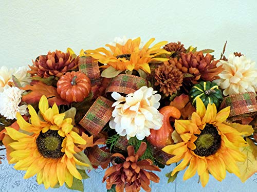 Silky Flower Store Fall Cemetery Saddle Artificial Grave Flowers, Sunflowers Pumpkins, UV Waterproof Silk Florals, 27 x 14 x 10 inches 6 6 Product: Silk Florals & Frills Fall Cemetery Saddle with Pumpkins and Sunflowers, Fall Grave Headstone Flowers