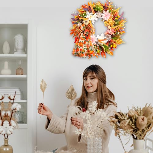 Product: 24" Fall Wreaths for Front Door Outside, Autumn Thanksgiving Harvest Wreath with Pumpkins Dahlias Pinecones & Bow Farmhouse Decoration for Porch Wall Indoor