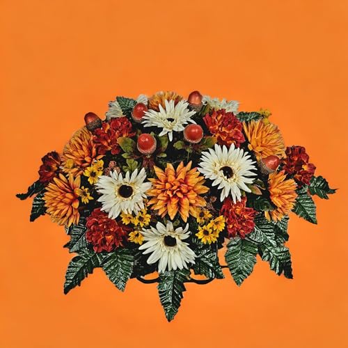 Product: Cream & Orange Dahlias Headstone Saddle, Daisies, Mini Sunflowers Acorns Headstone Saddle for Funeral or Cemetery Memorial Decoration Garland for Table Centerpiece Holiday Party Weddi