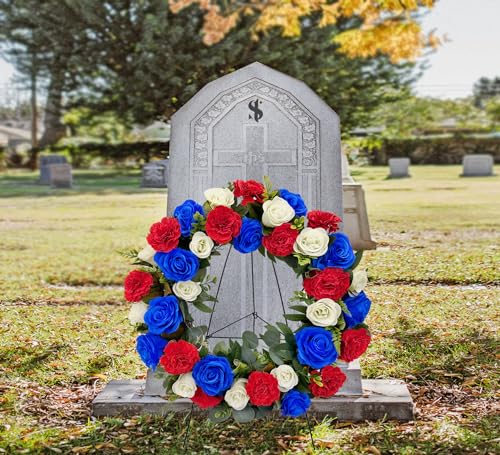 Silky Flower Store Cemetery Wreath, Memorial Day Grave Wreath, Blue White Rose Red Carnation, 2 Flags, 30 Inch Easel Stand, 30 inch 1 1 Product: Saxili Cemetery Wreaths, Memorial Day Grave Wreath with 30 inch Easel Stand,Headstone Wreath Flower with Gravestone Hanger-Artificial Blue/White Rose and Red Carnation,2 Flags Included