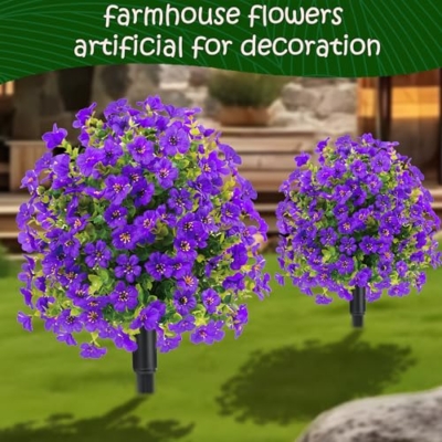 Product: 22.8" Set of 2 Fall Artificial Boxwood Topiary Ball Trees with Spikes,UV Resistant Fake Outdoor shrubs with Violet Flowers, Realistic Faux Plants Bushes for Garden Porch Yard Patio Decor(Purple)